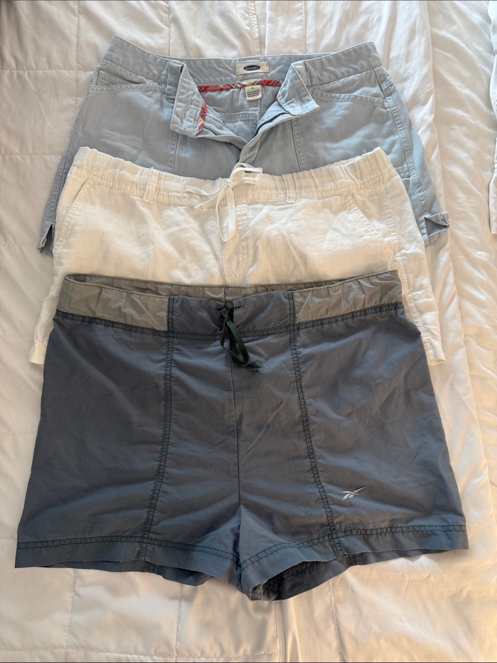 Reebok , Old Navy (100% cotton)  and Casalon (linen) trio. Blue, White, and Gray
